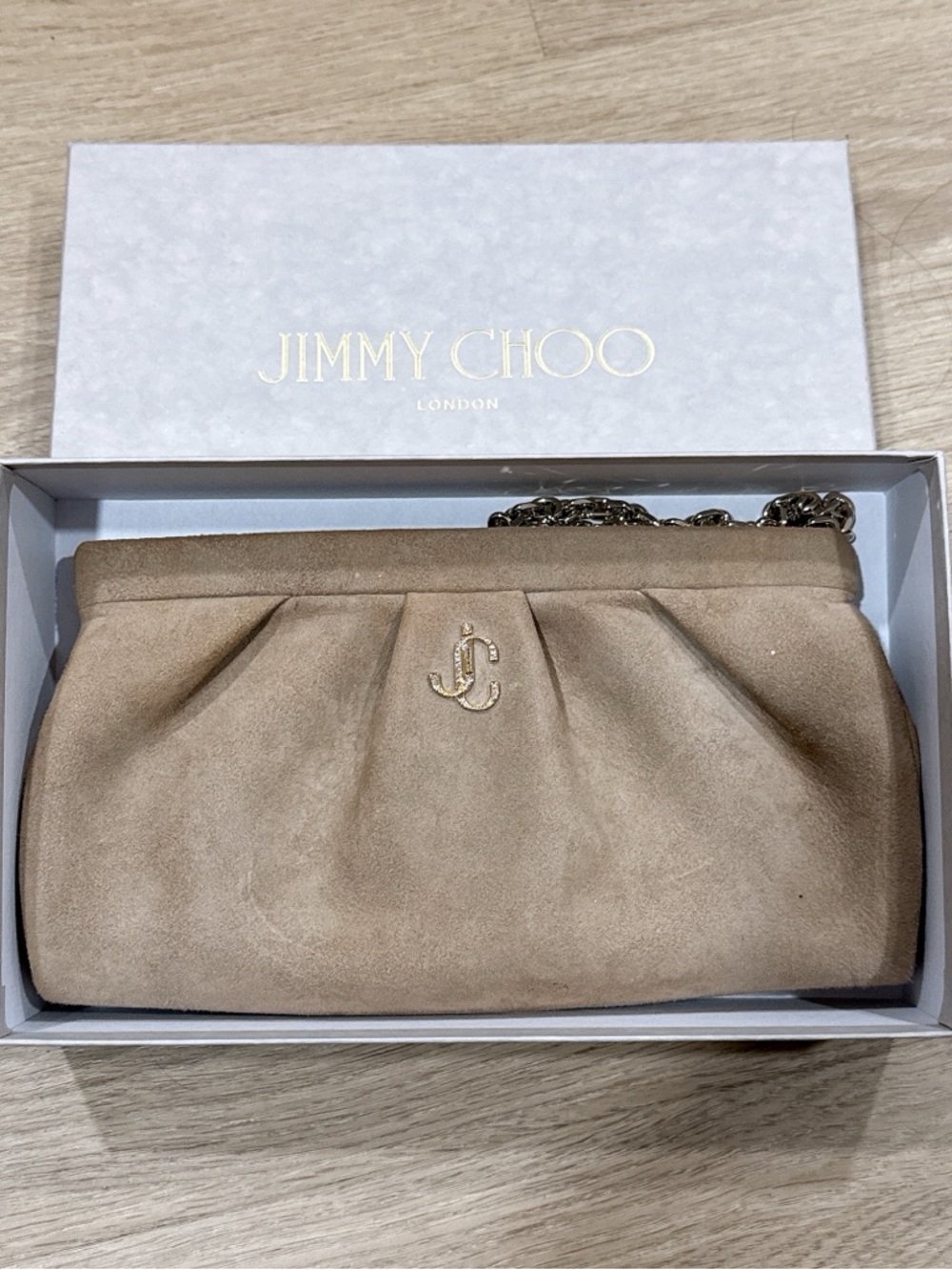 Jimmy Choo Taupe Suede Clutch Bag with Chain